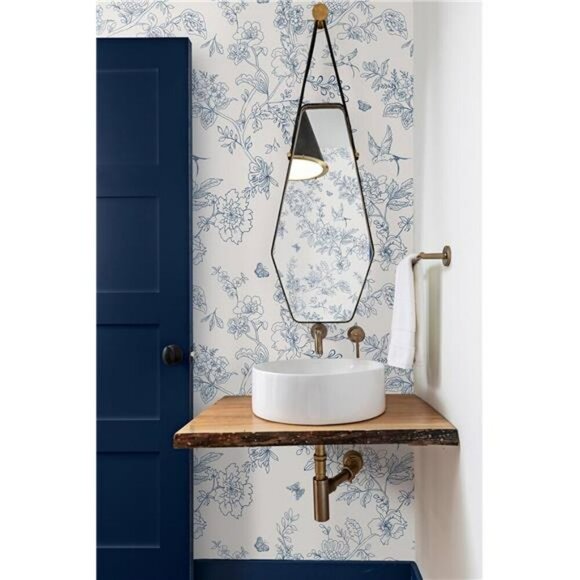 Floral Peel and Stick Wallpaper Blue Cream Vintage Removable Contact Paper - Picture 2 of 7